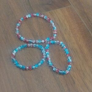 Beaded Stretch Bracelet & Ankle Bracelet Trio in Aqua & Red